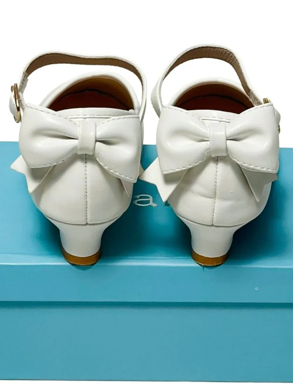 Girls White Flower Girl Heels Bow Back Mary Jane Dress Shoes Size 3